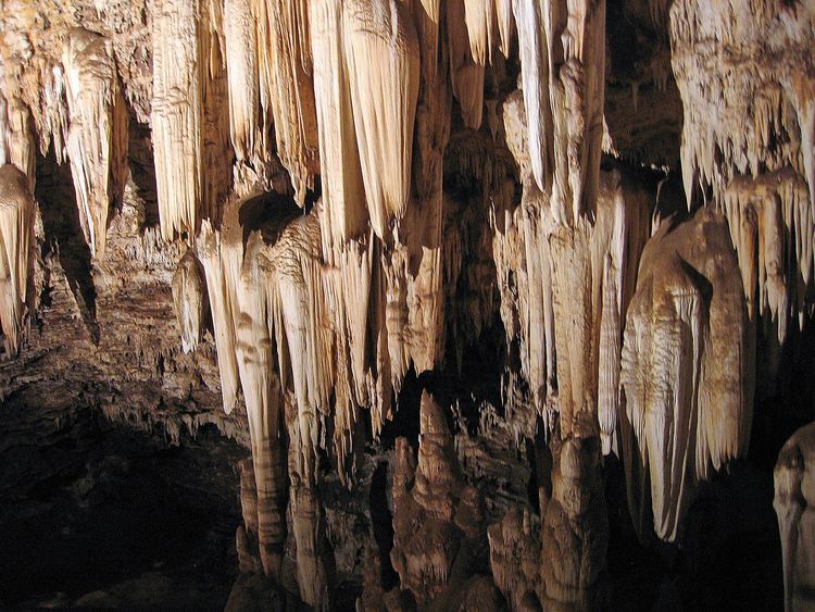 Dripstone formations hanging from the roof of a dolomite cave